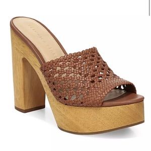 Veronica Beard Guadalupe Woven Leather Wooden-Heel Mules size 10